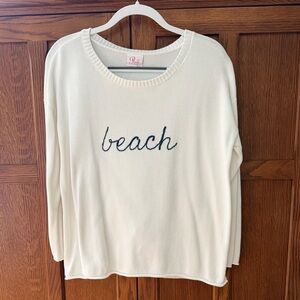 Pink Pineapple Boxy Cotton Sweater with 'Beach' Embroidery